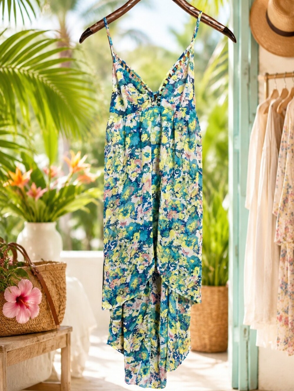 En Creme Teal, Lime & Blue Floral High-Low Sun Dress